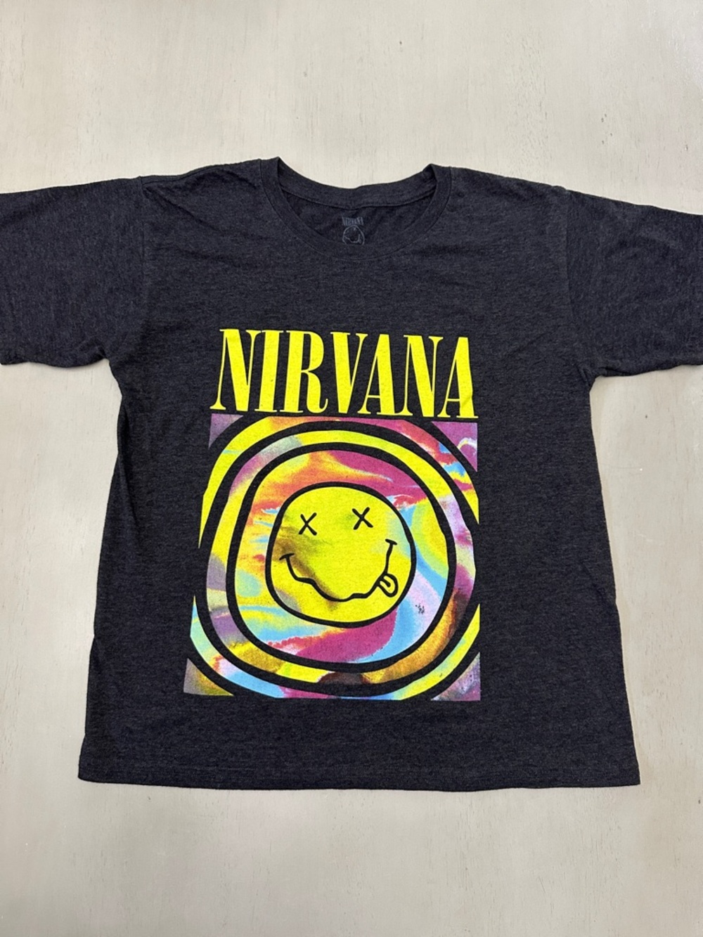 NIRVANA Black Tee with Yellow Logo and Multicolor Tie-Dye Graphic